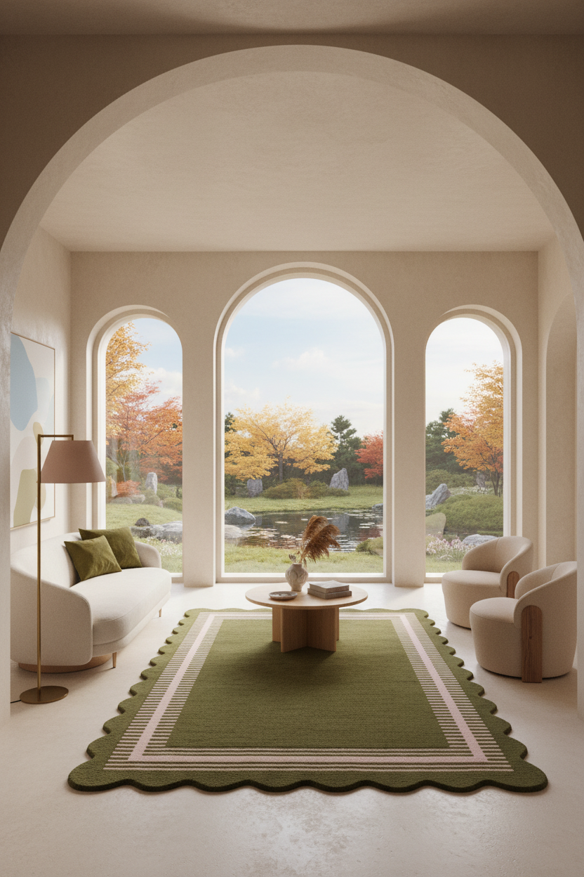 A styled interior scene with a large green patterned rug centered in a bright room with arched windows, cream seating, a floor lamp, and a garden view outside.