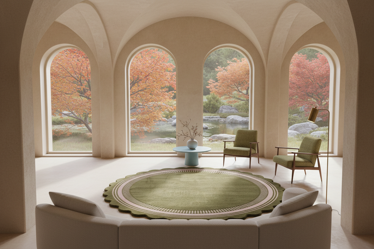A styled interior room with arched windows looking out onto autumn trees, featuring a round green rug, two green armchairs, a small blue side table, and a curved cream sofa in the foreground.