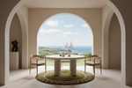 A round white dining table with four light wood chairs sits on a green circular rug inside a modern room with arched openings, overlooking a coastal landscape.