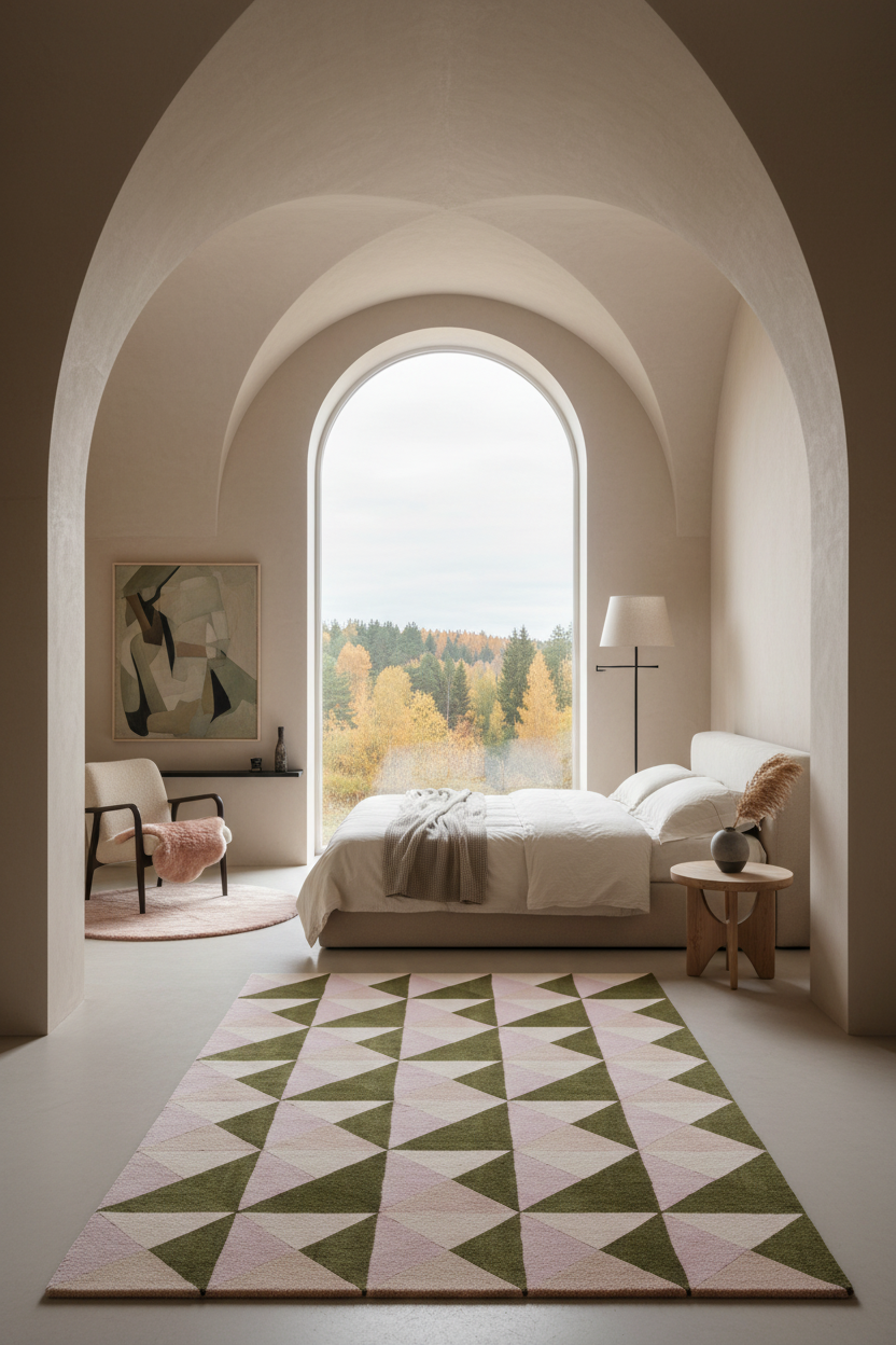 A modern bedroom with a large geometric area rug in sage green, blush pink, and cream, styled in a minimalist, warm-toned room with arched walls and a large window overlooking a forest.