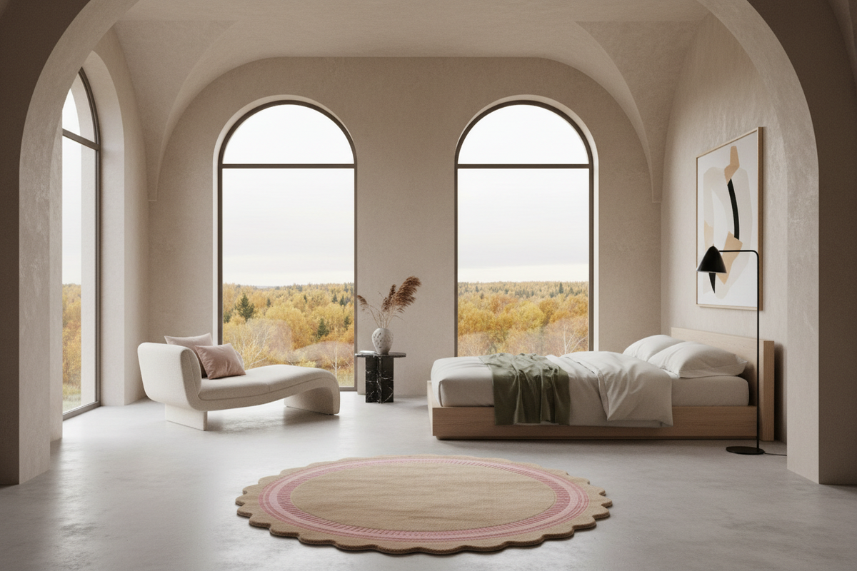 A modern bedroom interior with two tall arched windows overlooking a fall landscape. The room features a light wood platform bed with white bedding, a white lounge chair, a scalloped round rug in beige and pink, and a black floor lamp.