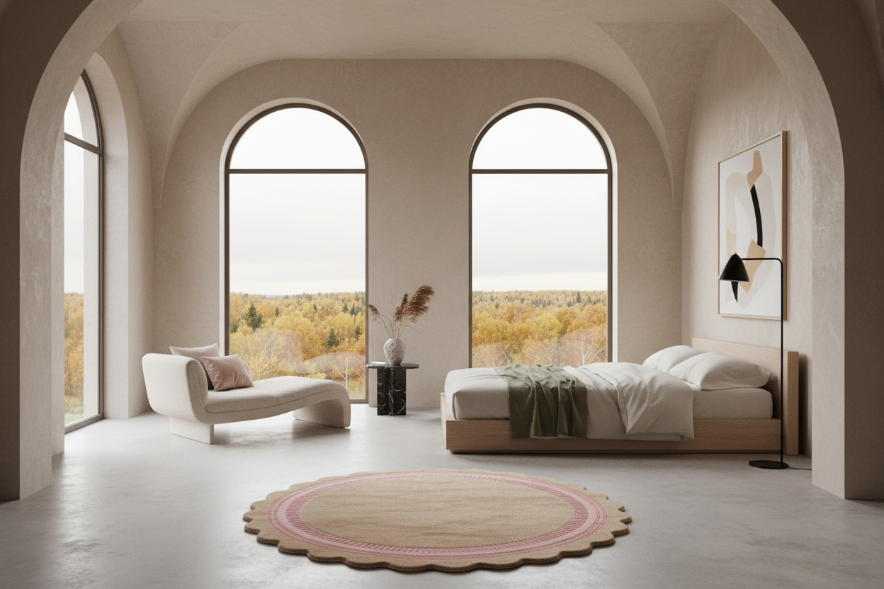 A modern bedroom interior with two tall arched windows overlooking a fall landscape. The room features a light wood platform bed with white bedding, a white lounge chair, a scalloped round rug in beige and pink, and a black floor lamp.