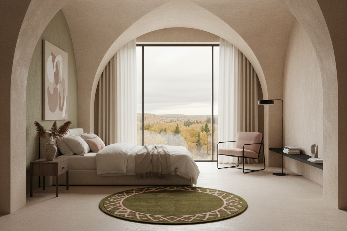 A modern bedroom interior with a large bed, round green rug, pink armchair, and tall floor lamp, set within a warm beige stone-arched room with a large window overlooking a distant landscape.