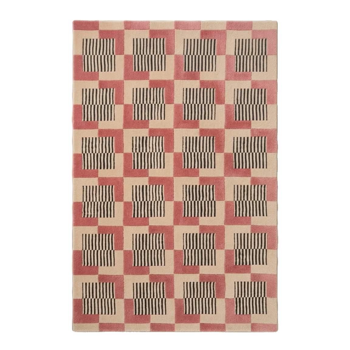 Cream and Pink Checkerboard Hand-Tufted Rug with Striped Blocks