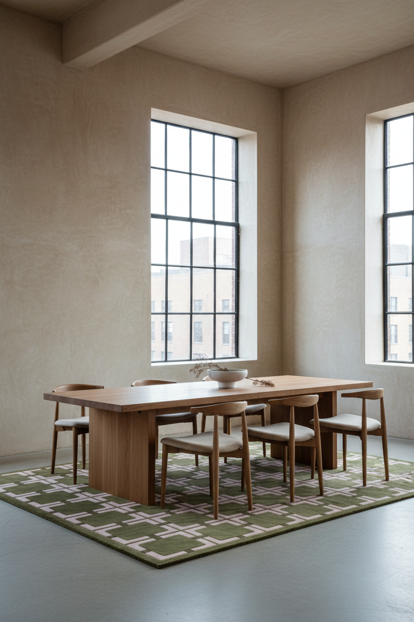 A modern dining room setup featuring a rectangular light oak wood dining table surrounded by six matching wooden chairs with cream upholstered seats, placed on a green and beige geometric patterned area rug in a minimalist room with textured beige walls and large multi-pane windows.