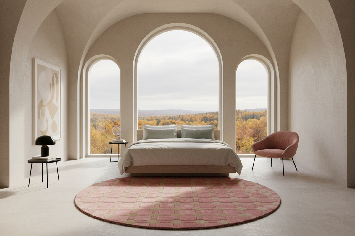 A modern bedroom interior with a bed centered under three large arched windows overlooking an autumn forest. The room has warm beige walls and ceiling, a pink patterned round rug, a blush pink armchair, and a black side table with a black lamp.