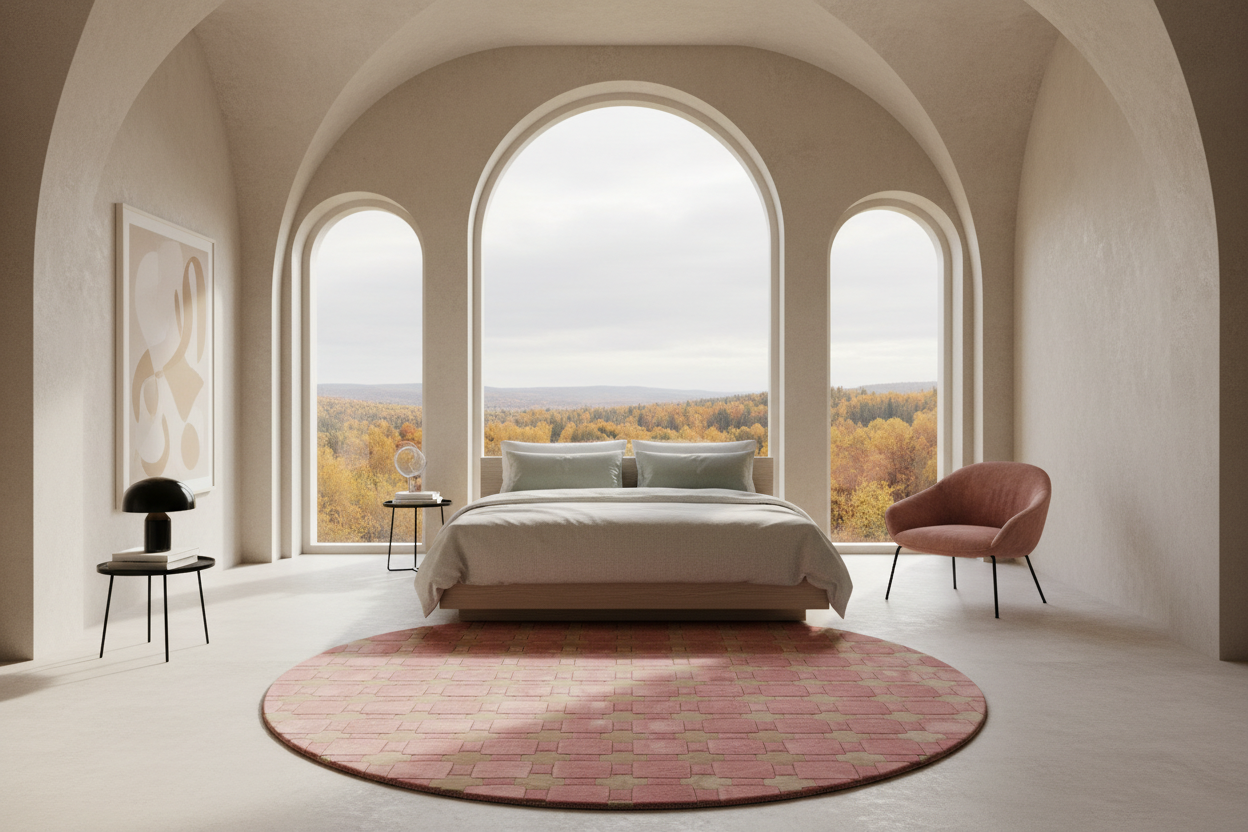 A modern bedroom interior with a bed centered under three large arched windows overlooking an autumn forest. The room has warm beige walls and ceiling, a pink patterned round rug, a blush pink armchair, and a black side table with a black lamp.