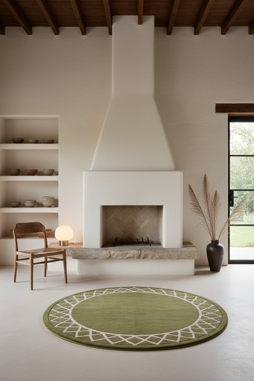 A round sage green area rug with a white geometric border pattern, styled in a minimalist modern living room with a white fireplace, wooden ceiling beams, and a wooden chair.