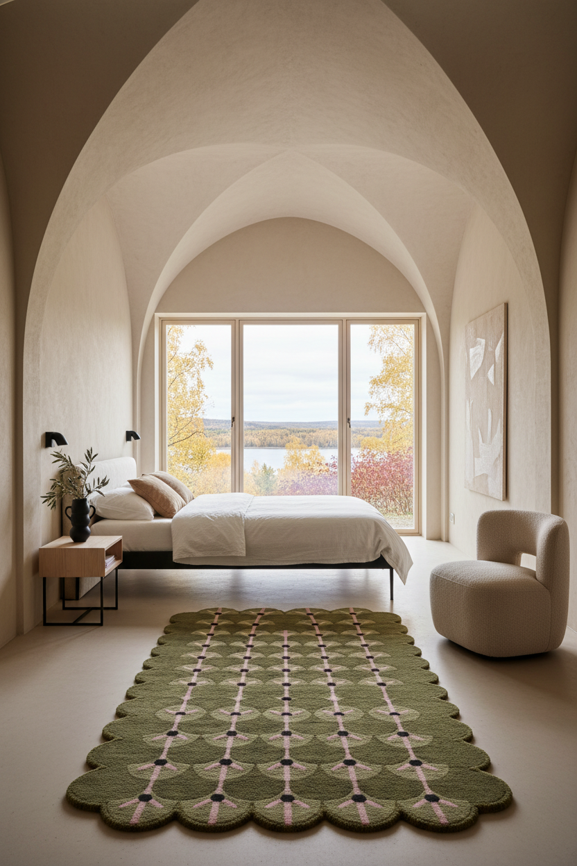 A styled bedroom interior with a large green patterned scalloped area rug in the foreground, a bed with white linens, a cream upholstered chair, and a tall window looking out onto trees and water.