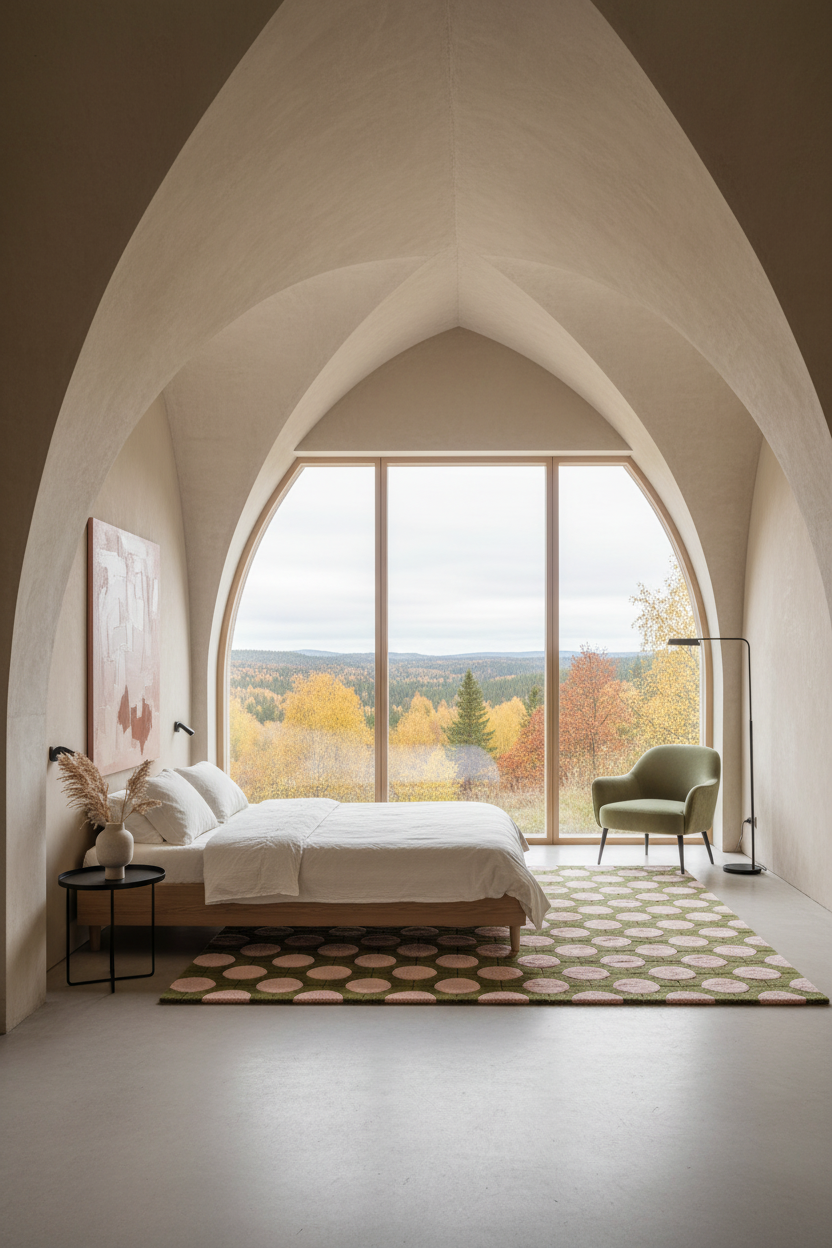 A modern bedroom with a large arched window overlooking an autumn forest landscape. The room features a low-profile bed with white bedding, a green accent chair, a patterned rug, and a high arched ceiling.