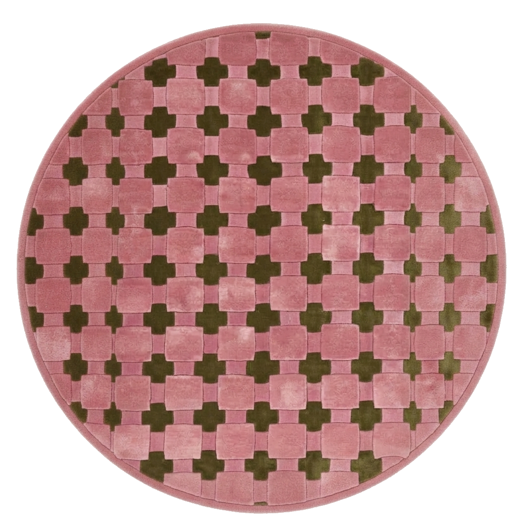 Pink Round Hand-Tufted Rug with Olive Green Cross Motifs