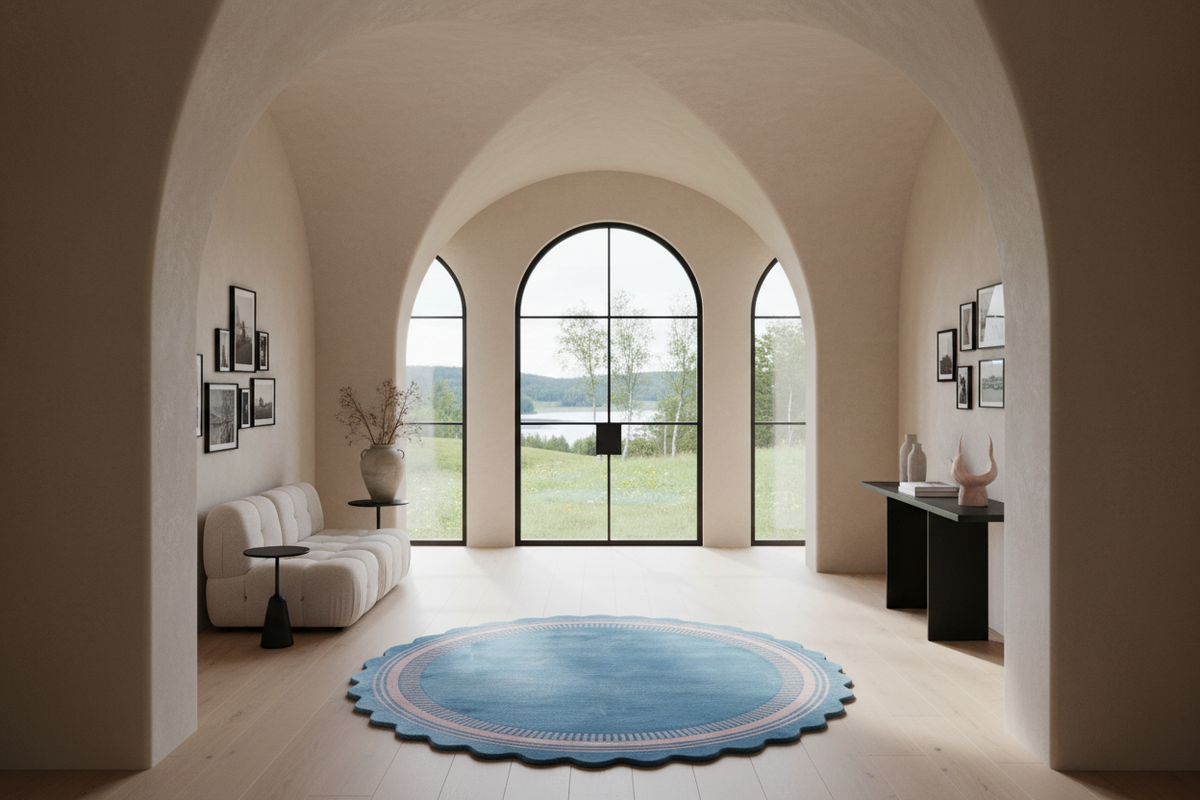 A round blue rug with a scalloped edge sits on light wood floors in a modern, minimalist living room with arched walls and large windows.