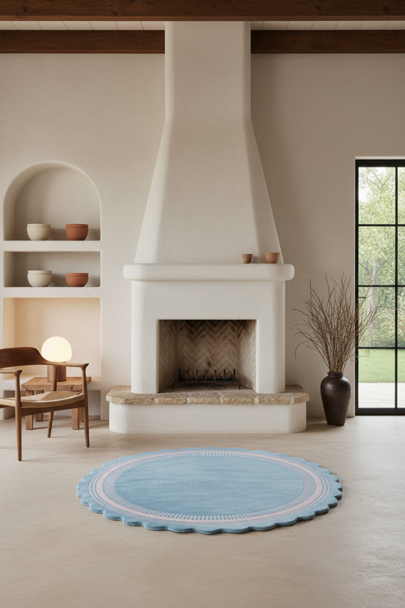 A round light blue rug with scalloped edges and white decorative borders, placed in front of a large white fireplace in a bright, modern room with beige walls and wood accents.