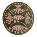 Olive Green Round Hand-Tufted Rug with Pink Art Deco Fans