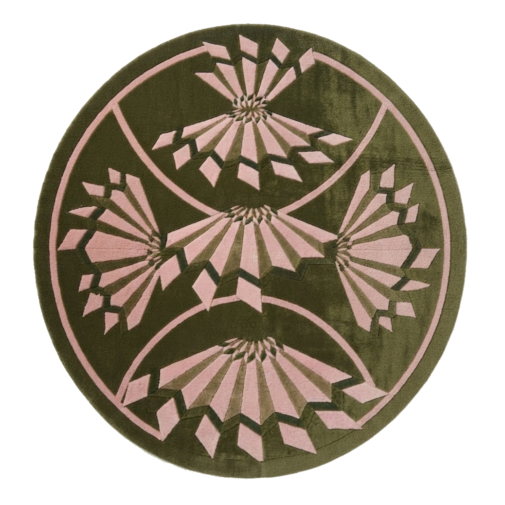 Olive Green Round Hand-Tufted Rug with Pink Art Deco Fans