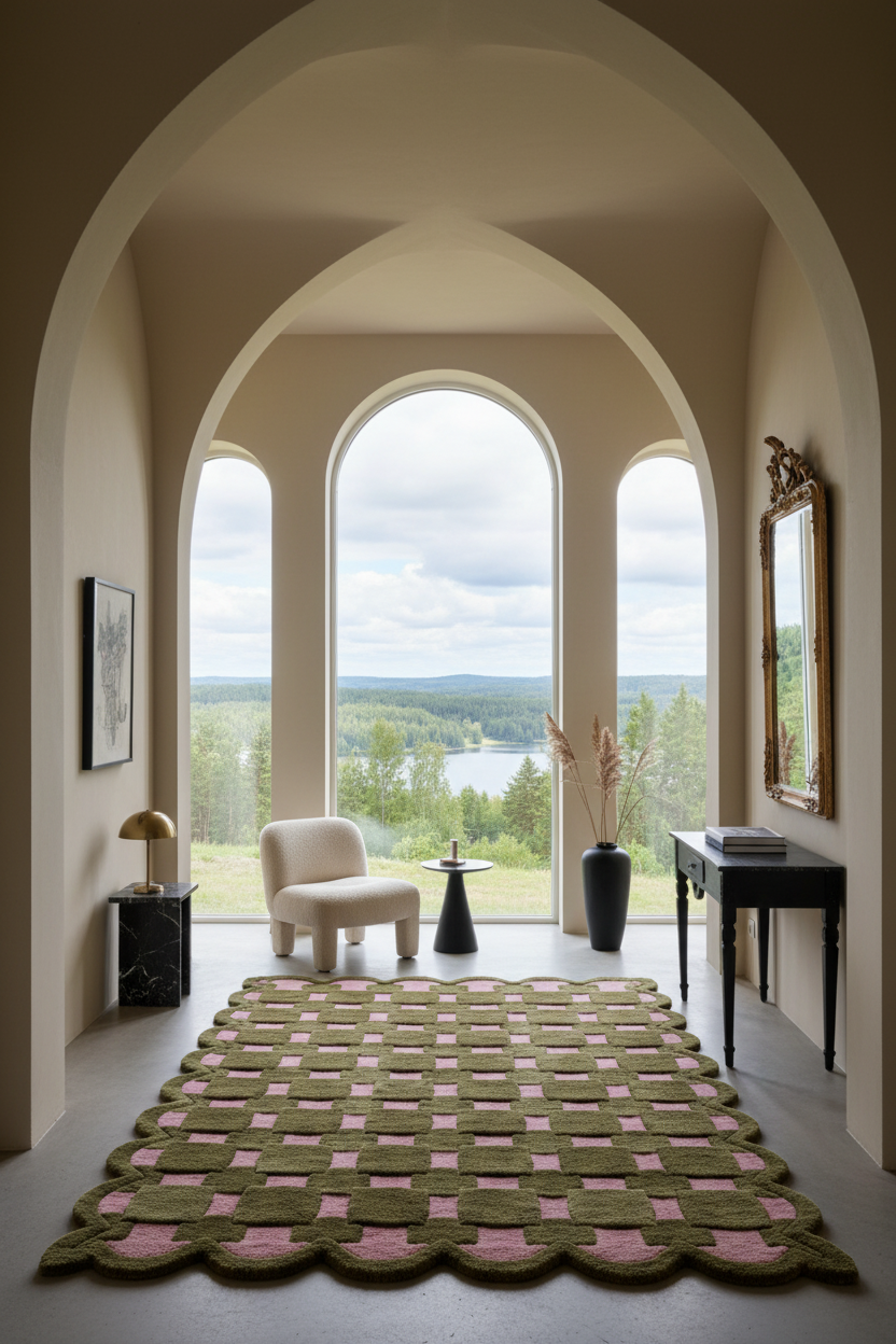 A large rectangular area rug with a scalloped edge, featuring a woven geometric pattern in olive green and dusty pink, displayed in a grand room with arched windows overlooking a lake.