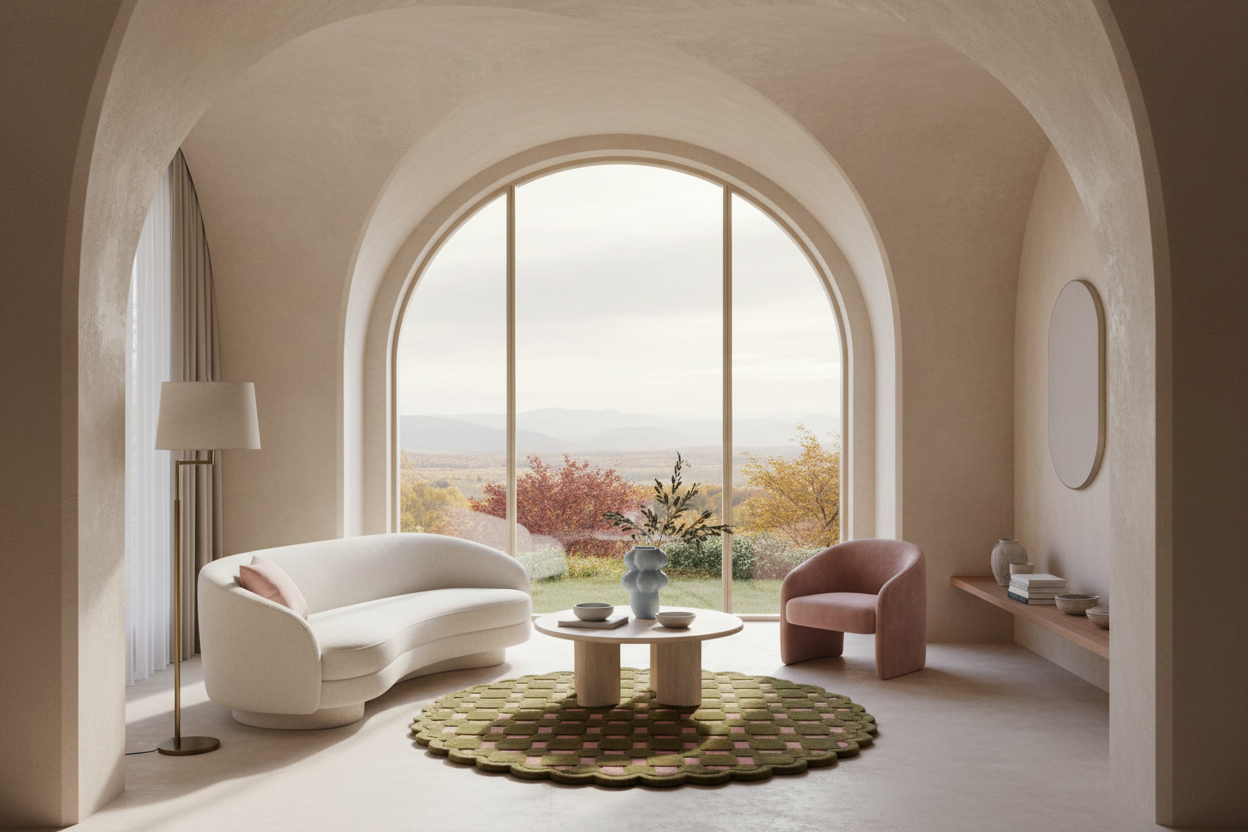 A modern living room with a curved white sofa, a pink armchair, a round coffee table, and a patterned rug in front of a large arched window overlooking a landscape.
