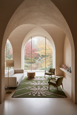 A modern living room framed by a large arched window looking out onto a garden pond. The room features warm beige plaster walls and arches, a green area rug with a white geometric pattern, a white sofa, and two green armchairs.