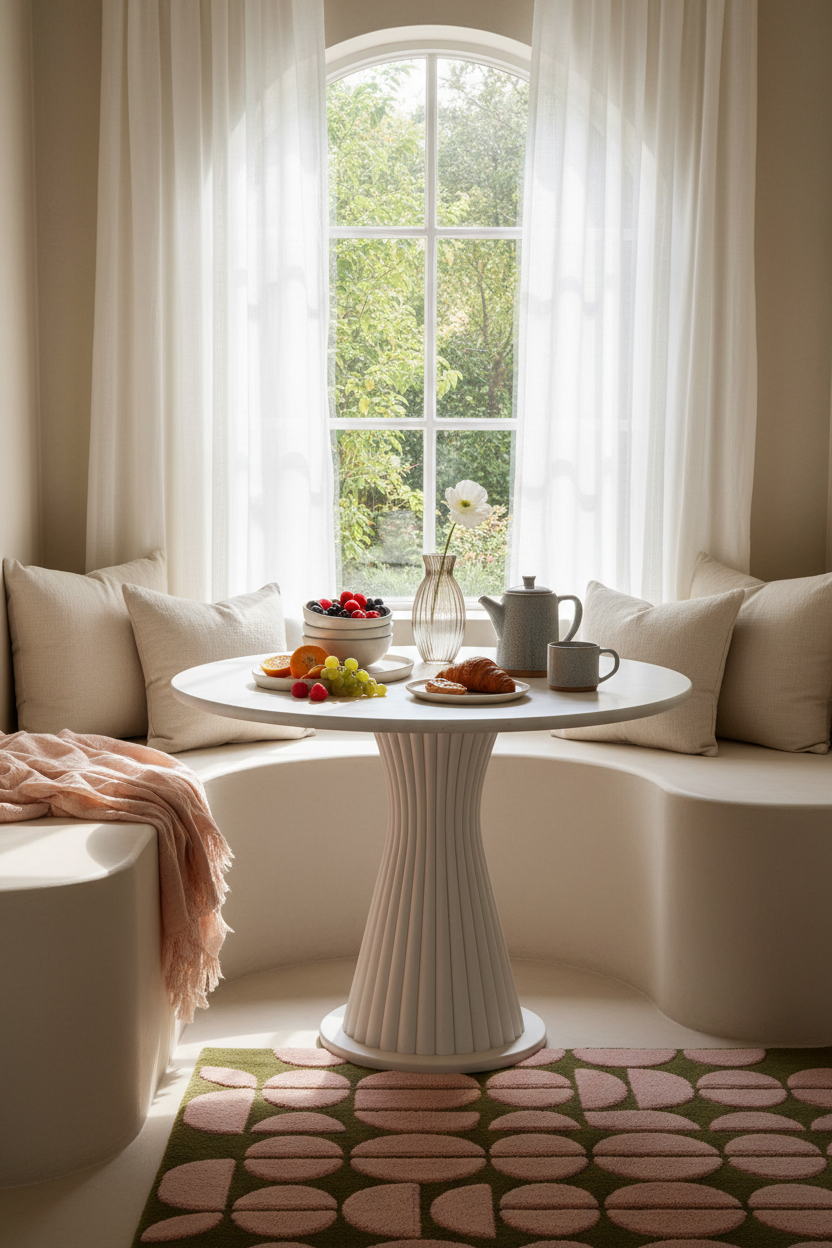 A cozy interior scene with a curved cream banquette seating area around a round pedestal table, set in front of a tall arched window with sheer white curtains. The table holds a teapot, mug, fruit, and pastries, with a blush pink throw draped over the banquette.
