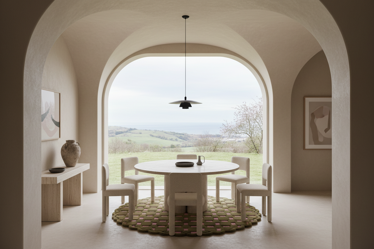 A minimalist dining room with a round white table and four matching chairs on a woven round rug, framed by a large arched opening that looks out onto a green landscape. The room has warm beige walls, a hanging pendant light, and a side console with a vase.