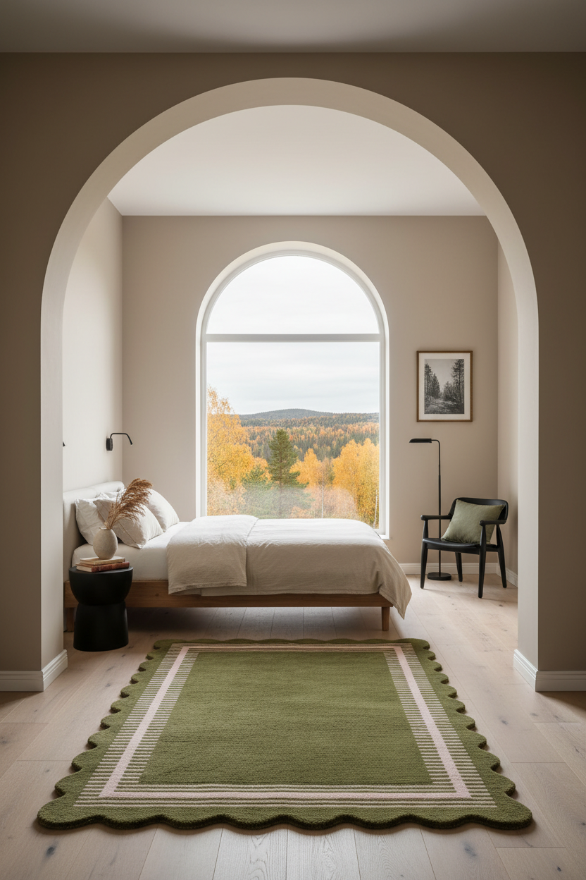 A styled bedroom interior viewed through a large arched doorway, featuring a bed with white bedding, a green patterned rug on light wood flooring, a chair, and a large arched window showing an autumn forest view.
