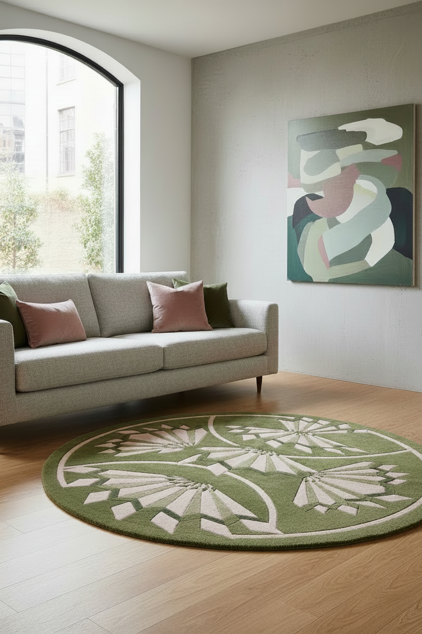 A modern living room scene featuring a round green and cream patterned area rug on light wood flooring, next to a light gray sofa with pink accent pillows. A framed abstract art print hangs on the wall.