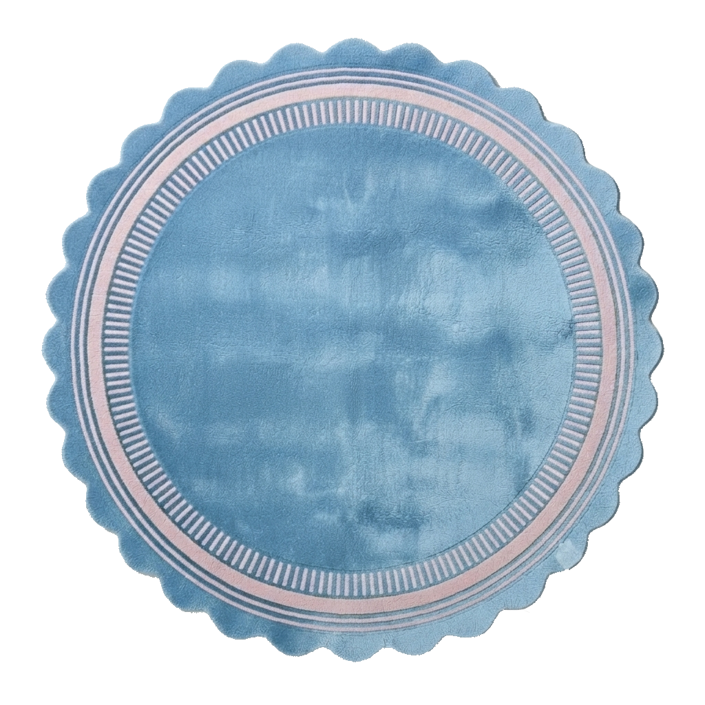 Powder Blue Round Hand-Tufted Rug with Pink Scalloped Border