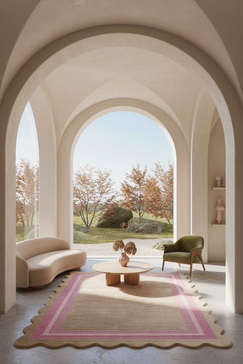 A styled interior scene with a beige curved sofa, a green armchair, a round coffee table, and a pink-and-beige scalloped area rug in a softly lit room with large arched windows looking out to trees and rocks.