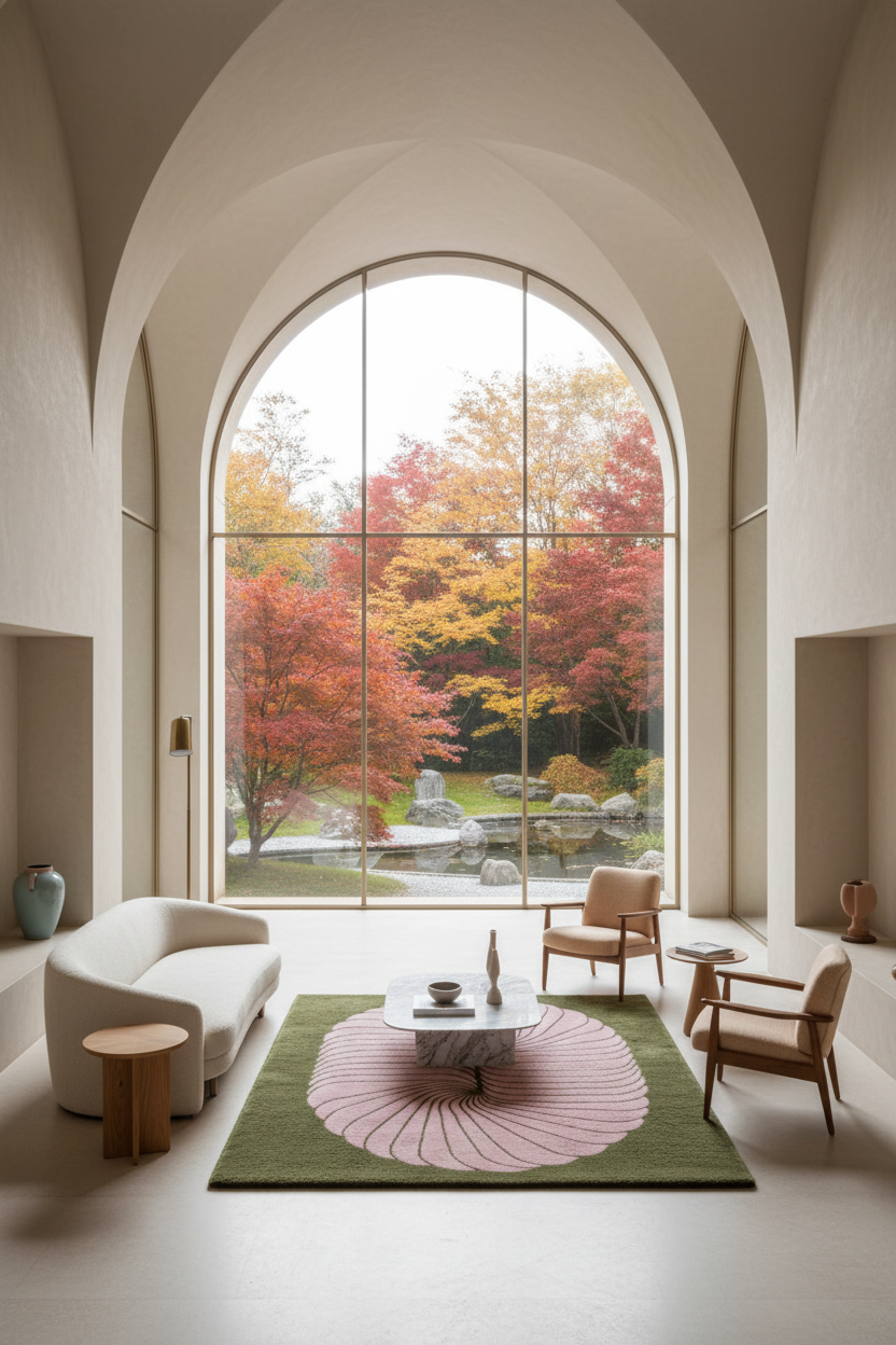 A modern living room with a large arched window overlooking a garden with red autumn foliage. The room features a white curved sofa, two wooden armchairs, a round white coffee table, and a green and pink patterned rug.
