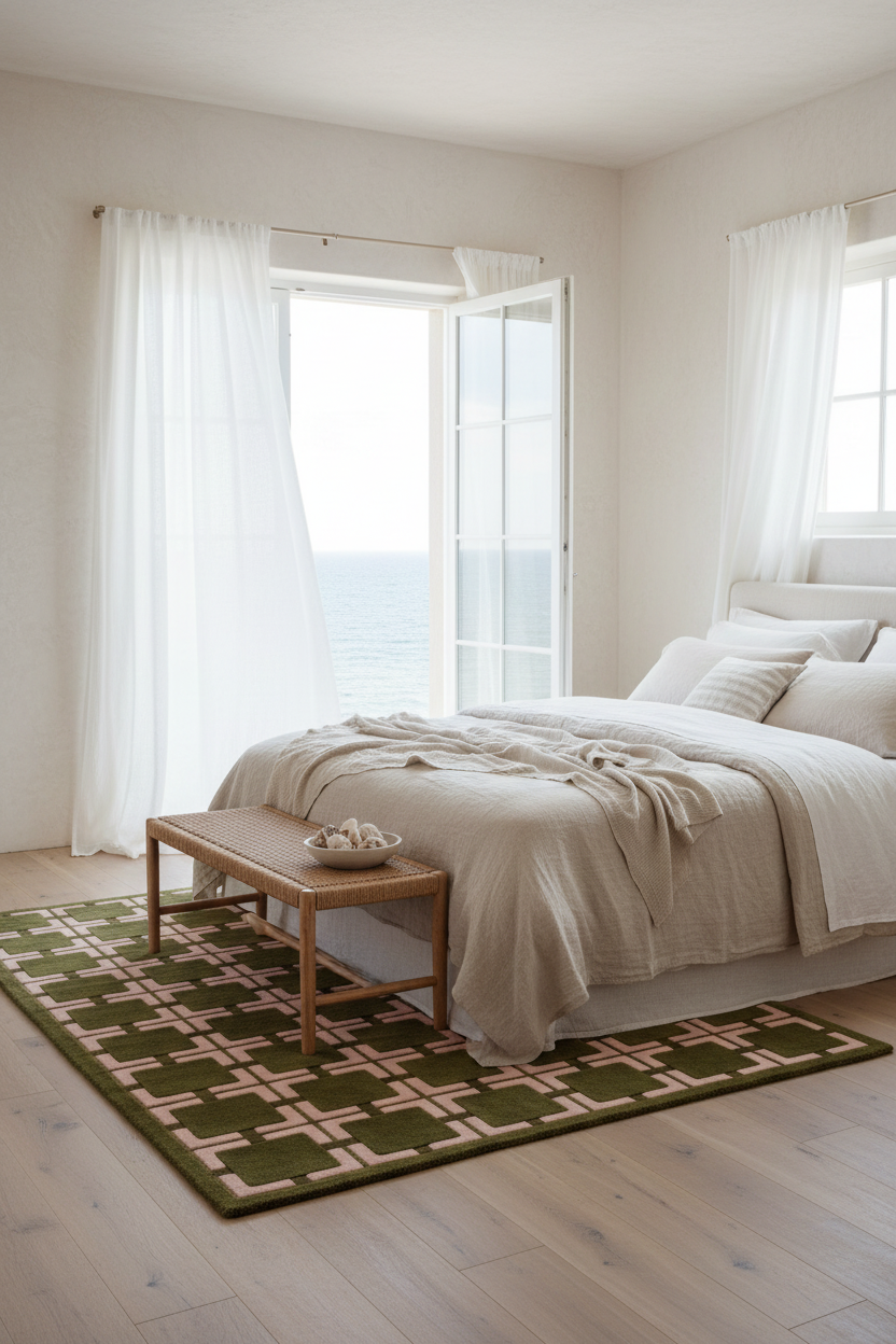 A styled bedroom interior with a bed dressed in light beige linens, a patterned green and beige rug, a wooden bench, and large windows with white curtains overlooking the ocean.