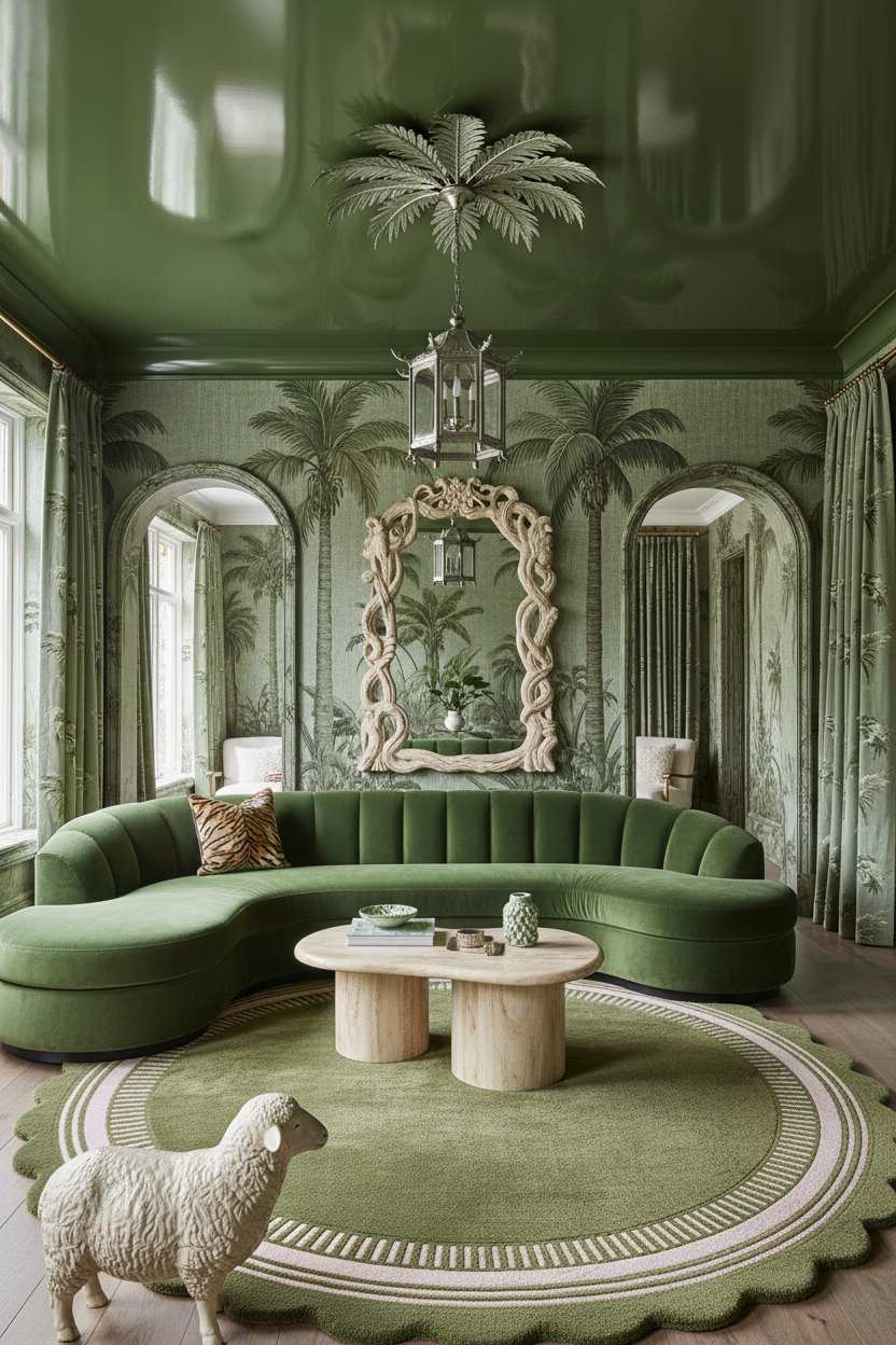 A luxurious green living room featuring a curved green sectional sofa, a matching round rug, a light wood coffee table, and a decorative sheep figurine in the foreground. The room has a glossy dark green ceiling with a palm tree motif, patterned wallpaper with palm trees, and arched windows.