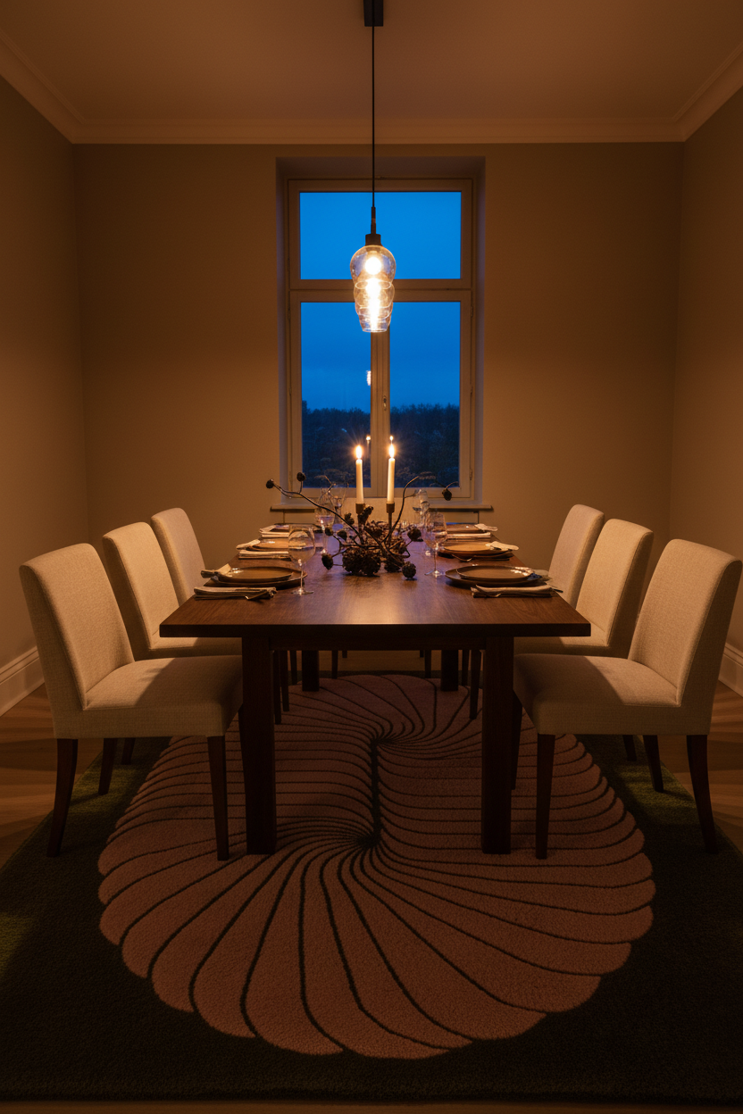 A dining room scene with a rectangular wooden table set for six, surrounded by cream upholstered chairs. A tall hanging pendant light shines over the table, and a large window in the back shows a dark blue evening sky.