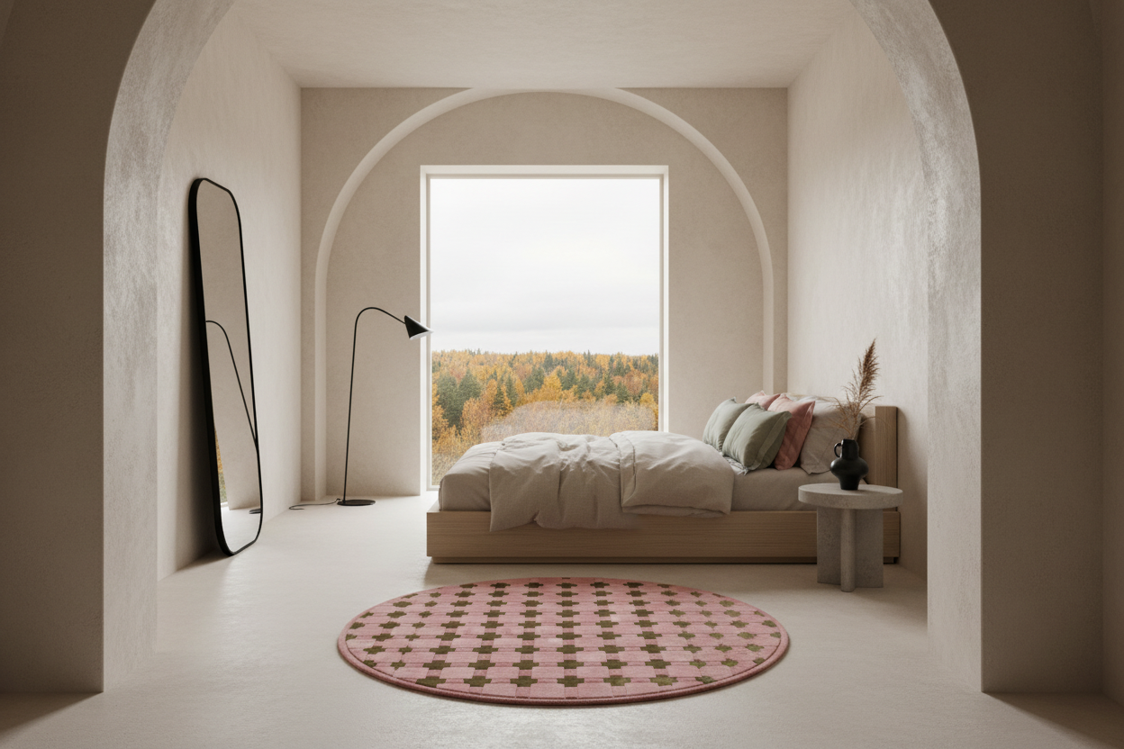 A modern minimalist bedroom with a low wooden bed, pink patterned round rug, and a large arched window showing an autumn forest view. The room features textured plaster walls and a tall black-framed mirror.