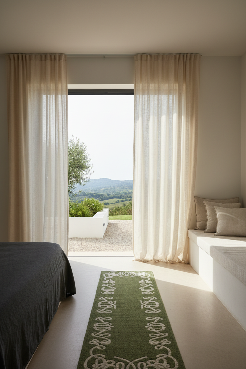 A modern bedroom interior with sheer cream curtains framing a large window overlooking a green landscape. A dark gray bed is on the left, and a built-in white bench with neutral pillows is on the right.