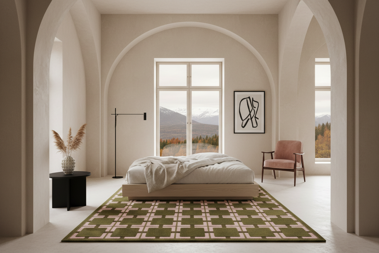 A styled bedroom interior with a platform bed, white bedding, a green and beige patterned area rug, a pink armchair, and arched walls framing a window view of mountains.