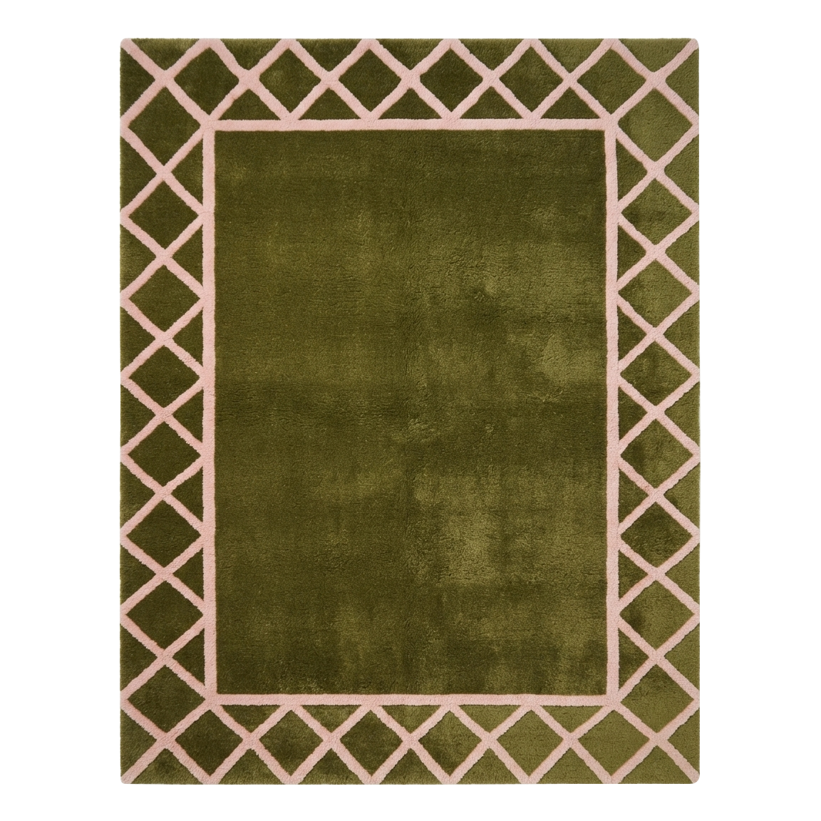 Olive Green Hand-Tufted Rug with Cream Trellis Border