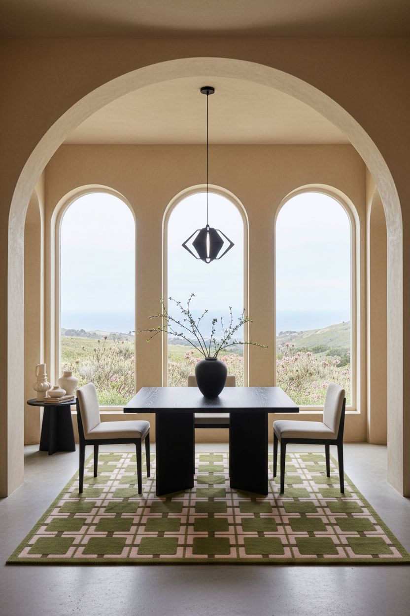 A dining room scene with a rectangular black table, four upholstered chairs, a hanging pendant light, and a green patterned area rug in front of three tall arched windows overlooking a landscape.