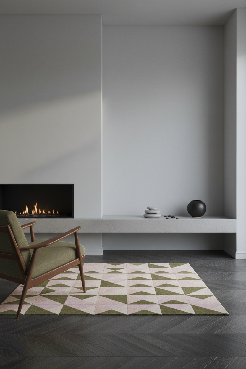 A modern living room scene featuring a geometric area rug with olive green and pale pink triangles on a dark wood herringbone floor. A mid-century modern armchair sits on the left, and a black fireplace with flames is mounted on a light gray wall above a floating white shelf.