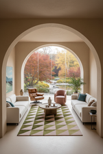 A modern living room framed by a large arched opening, featuring cream sofas, a geometric green and beige rug, a round coffee table, and a large window looking out onto an autumn garden.