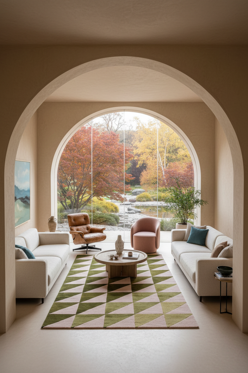 A modern living room framed by a large arched opening, featuring cream sofas, a geometric green and beige rug, a round coffee table, and a large window looking out onto an autumn garden.
