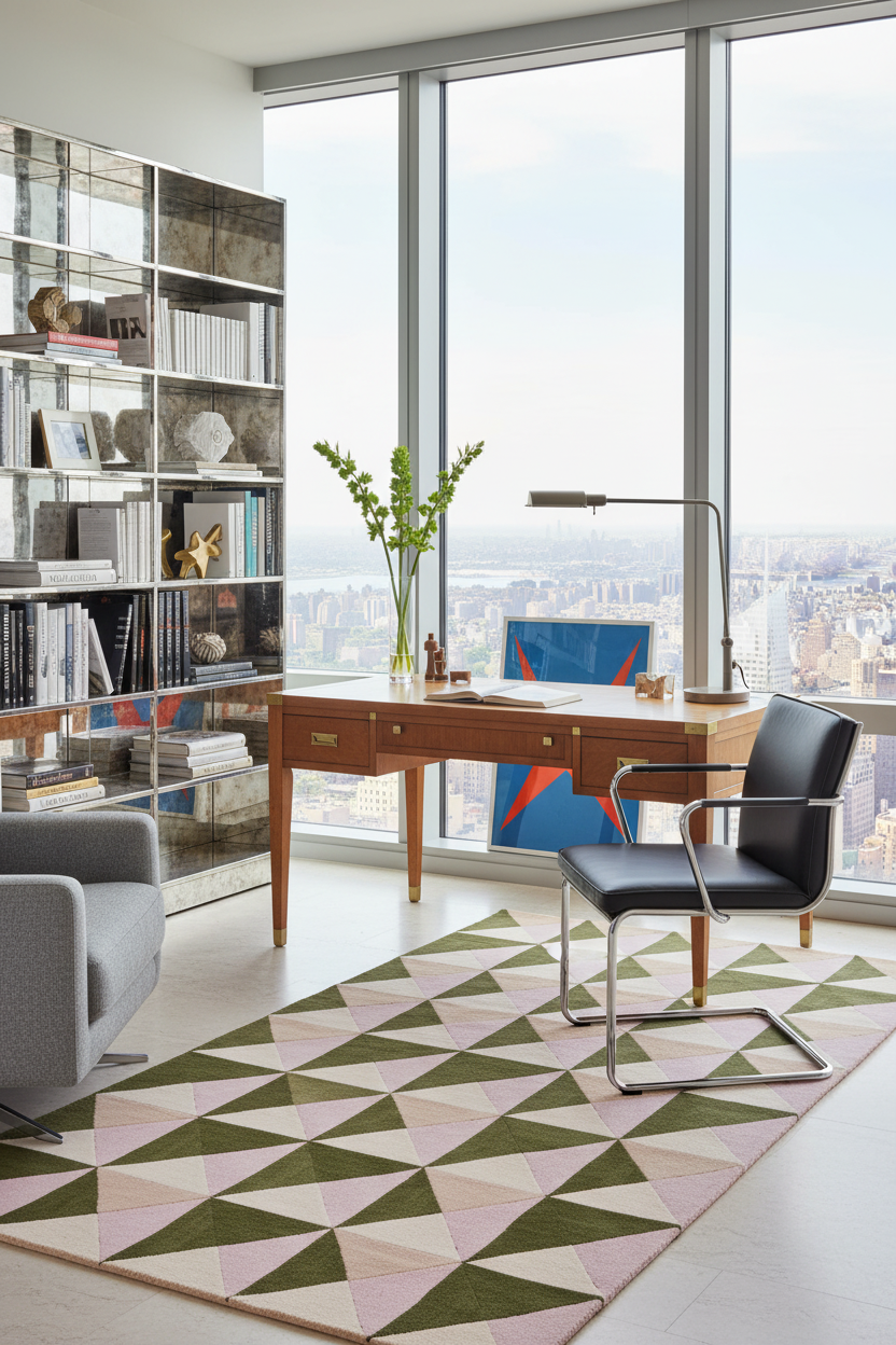 A modern home office interior with a wooden desk, black office chair, geometric pattern rug, and large floor-to-ceiling windows overlooking a city skyline.