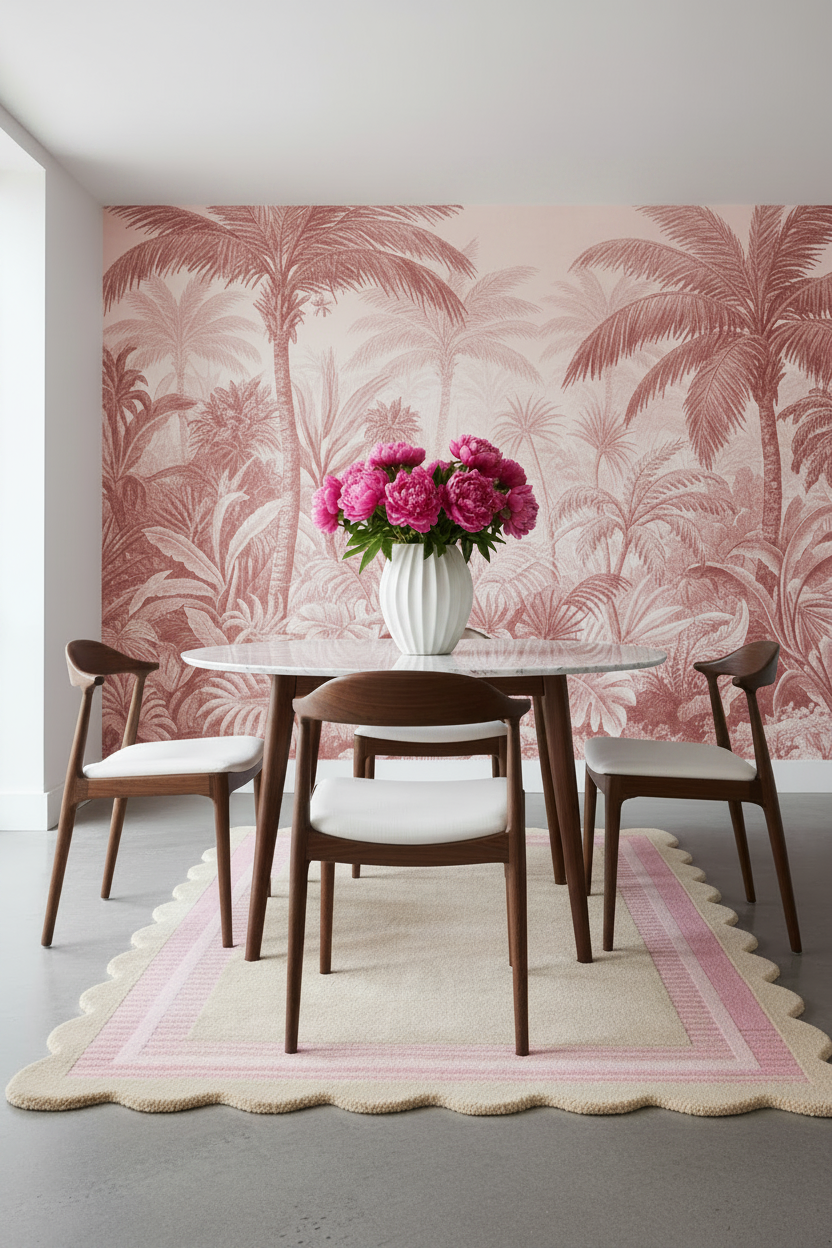 A styled dining room corner featuring a pink tropical palm tree wallpaper mural, a round white marble-top dining table, four mid-century modern wooden chairs with white cushions, and a pink and beige scalloped area rug. A white ceramic vase filled with bright pink flowers sits on the table.