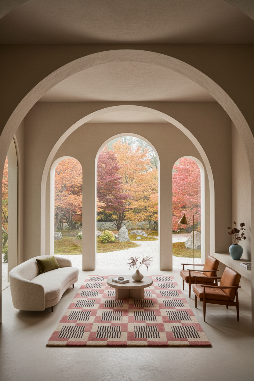 A modern living room with a large patterned area rug, a curved cream sofa, and two brown leather armchairs, set under a series of arched windows looking out onto an autumn garden with colorful foliage.