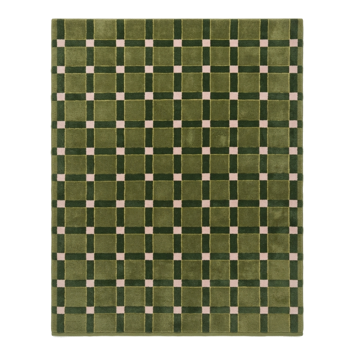 Olive Green Tonal Check Hand-Tufted Rug with Pink Accents
