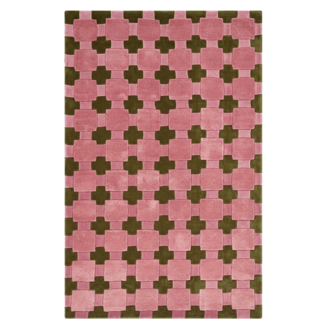Pink Hand-Tufted Rug with Olive Green Cross Motifs