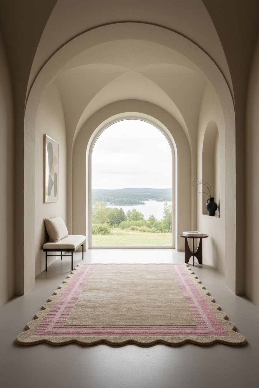 A rectangular area rug with scalloped edges and pink border stripes lies on a light floor in a softly lit arched hallway. A small upholstered bench, side table, and framed wall art are visible, with a large window opening to a lake landscape.