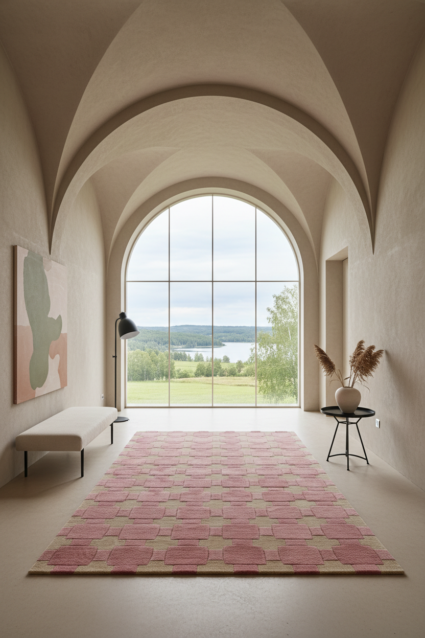 A pink and beige geometric patterned area rug displayed in a modern, arched entryway with a large window overlooking a green landscape.