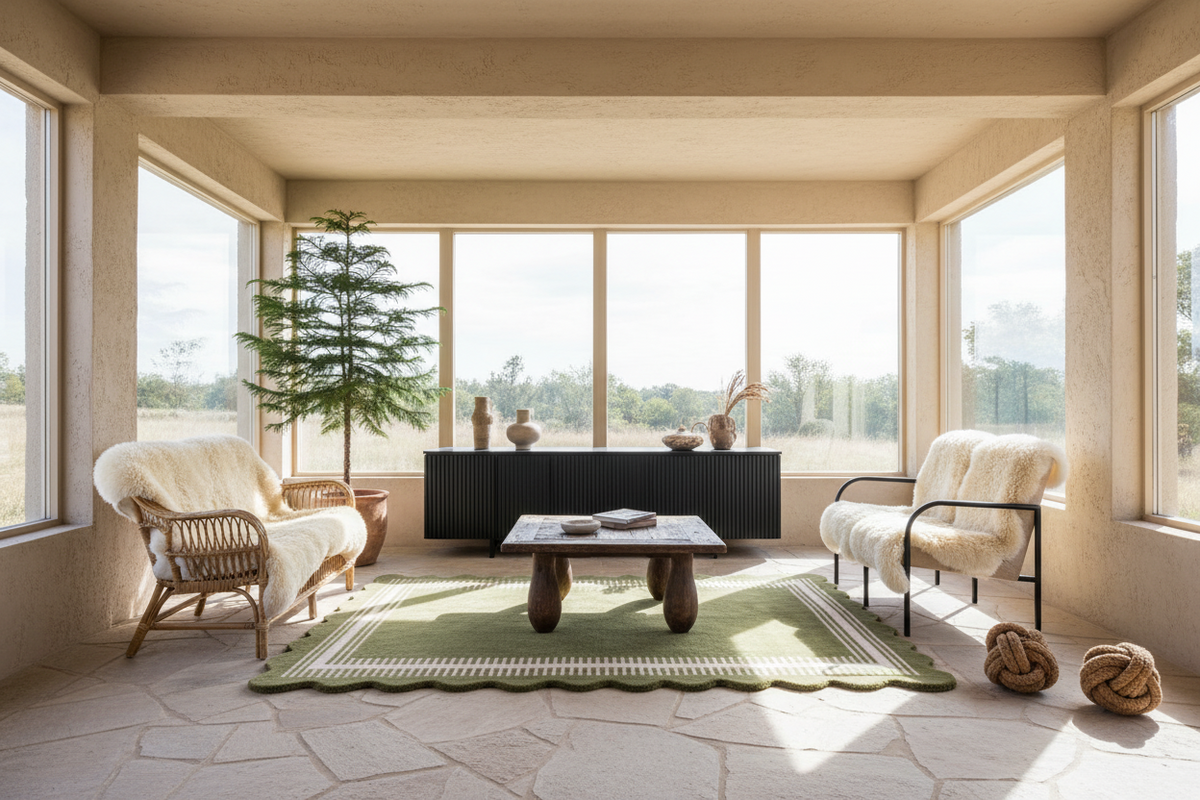 A bright, modern sunroom or conservatory with two cream-colored armchairs, a low wooden coffee table, a green patterned rug, and a black sideboard against large windows.