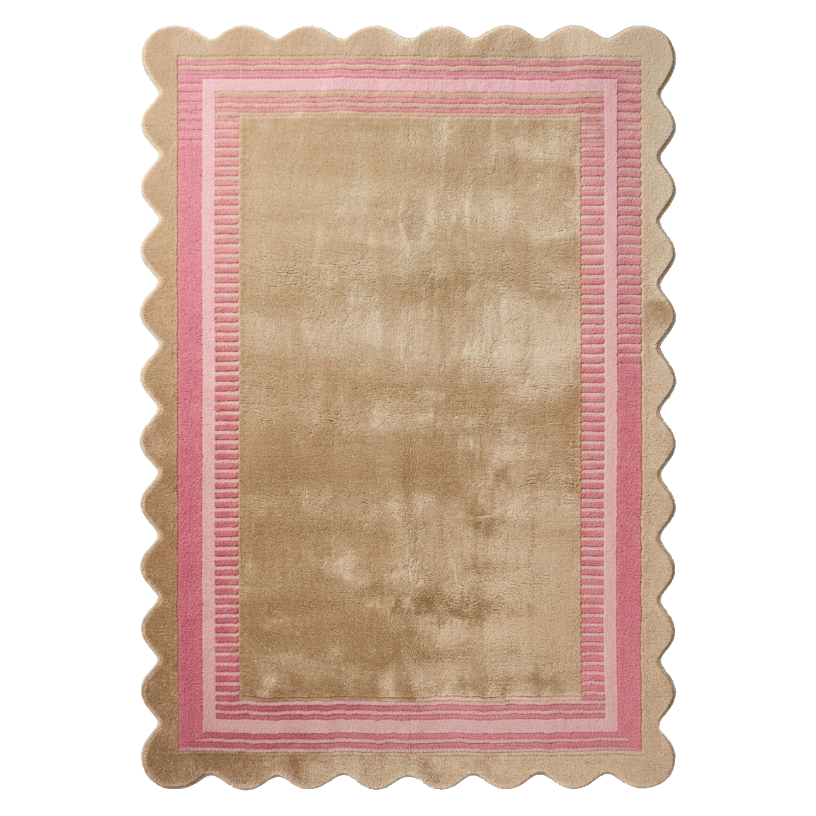 Taupe Hand-Tufted Rug with Pink Scalloped Border