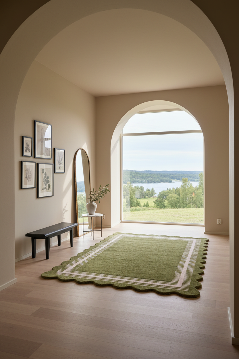A green rectangular area rug with a scalloped edge and cream border, styled in a modern room with light wood floors, an arched window showing a lake view, and a black bench.